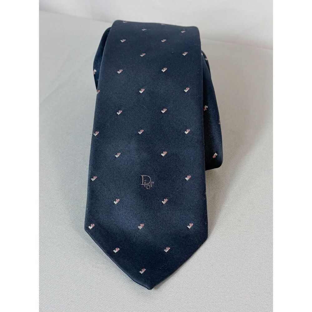 Vtg Christian Dior Slate Blue Tie Necktie 3" Hearts Monogram Logo Luxury Men